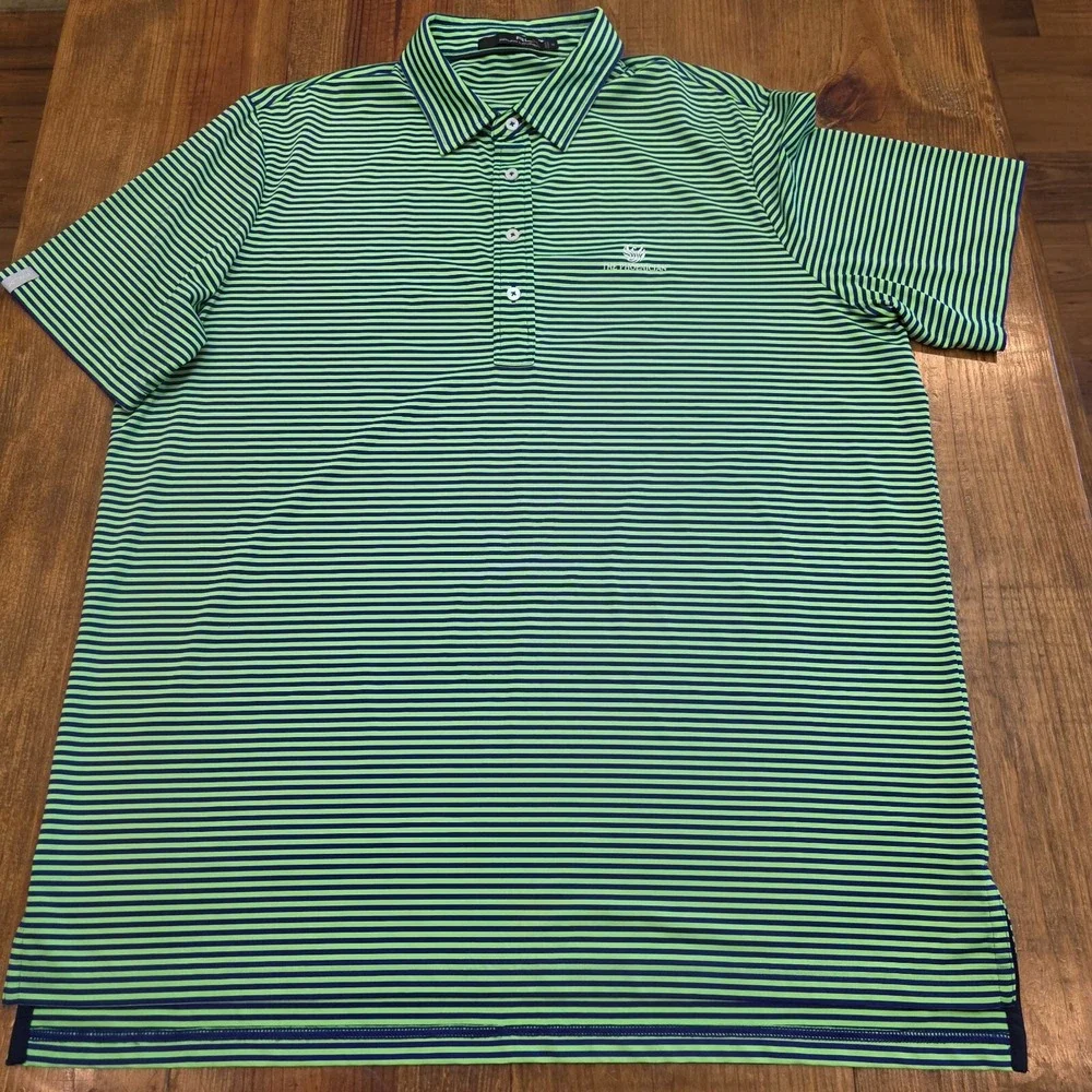 RLX Ralph Lauren Golf Bright Green Blue Stripe Polo Shirt - The Phoenician - XL